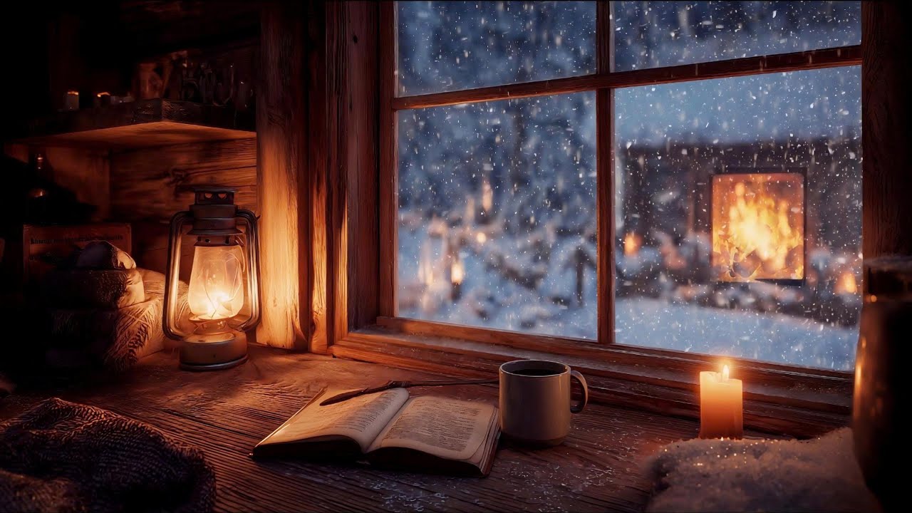 Fast Falling Snow • Cold Winter Night Facing a Burning Fireplace