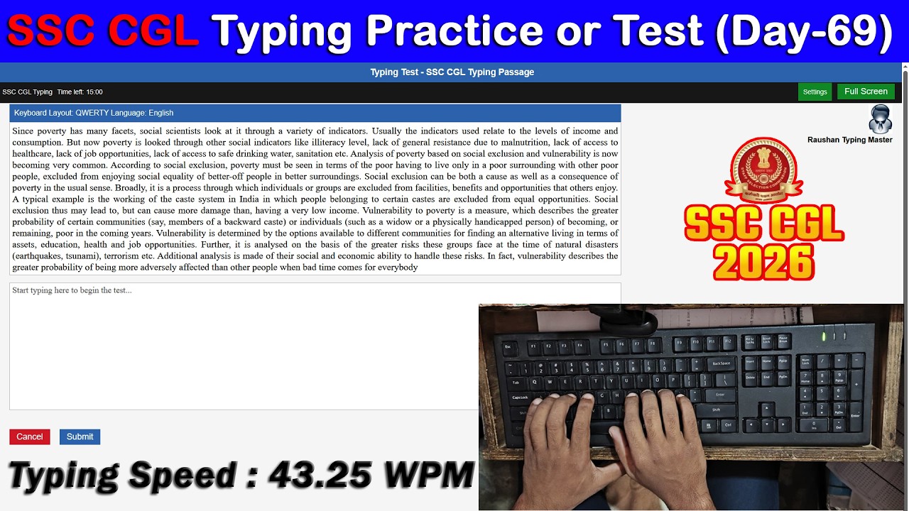 SSC CGL Typing Practice Day- 69 | 43.25 WPM with 98.75% Accuracy #typingmitra #raushantypingmaster