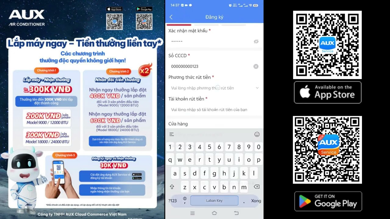 Hướng dẫn cài app AUX Service để nhận quà và kích hoạt bảo hành
