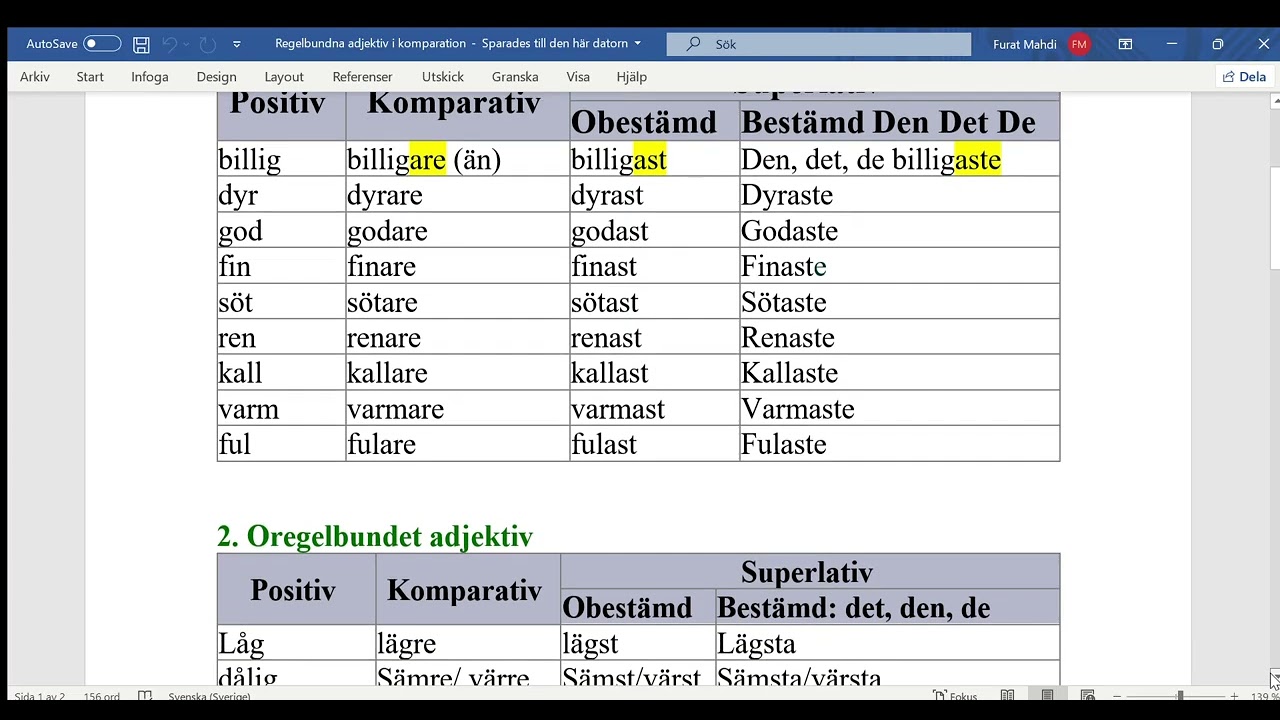 SFI Kurs C och D: Adjektiv i komparation