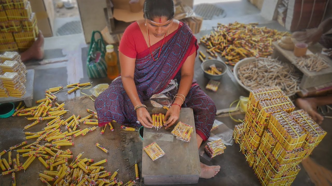 Fast Paced Workers Making Big Parrot Bombs in Fireworks Industry