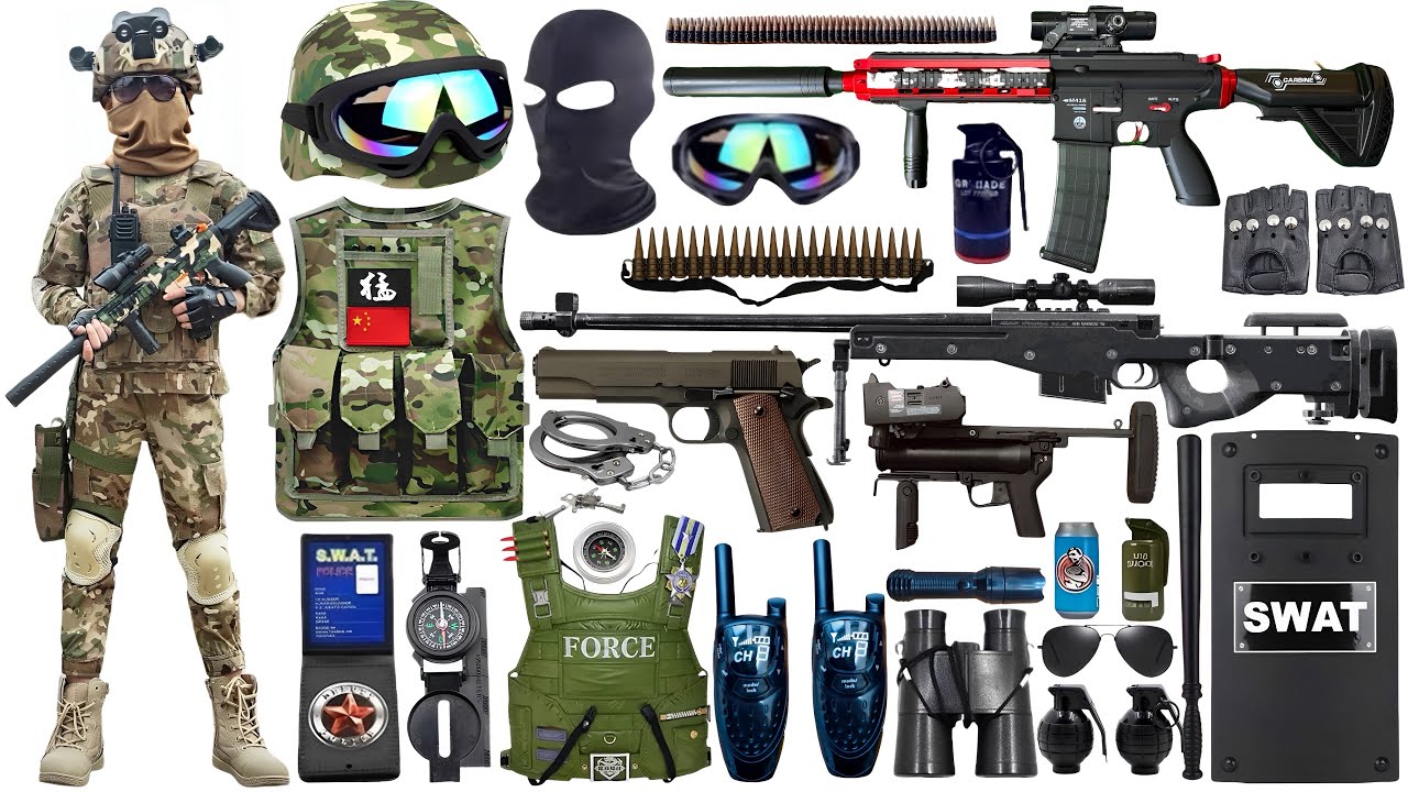 Unpacking special forces military toy gun set, M416, AK47 rifle, AUG assault rifle, handcuffs, bombs