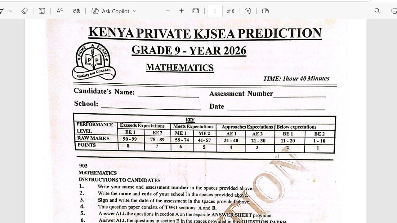 GRADE 9 MATHEMATICS KENYA PRIVATE KJSEA PREDICTION 2026 | KJSEA MATHEMATICS REVISION & SOLUTIONS