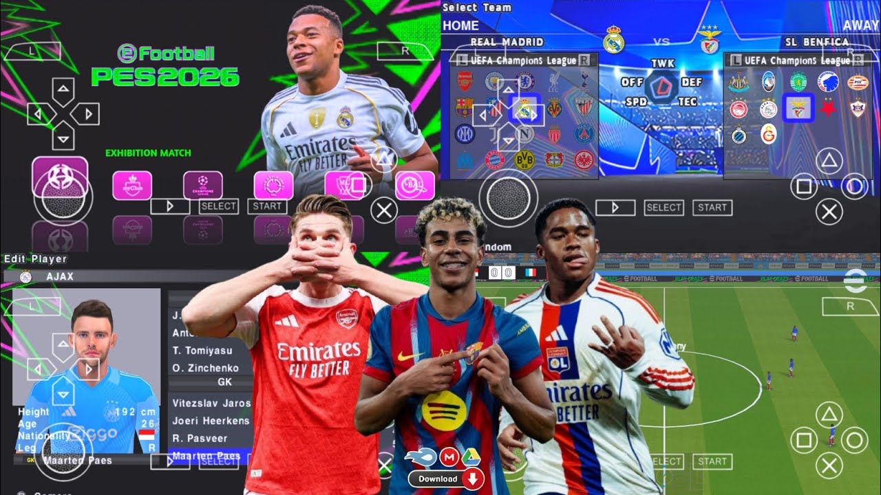 EFOOTBALL PES 2026 PPSSPP ISO NO TEXTURES & NO SAVE DATA NEW KITS 2025/26 REAL FACES & TRANSFER
