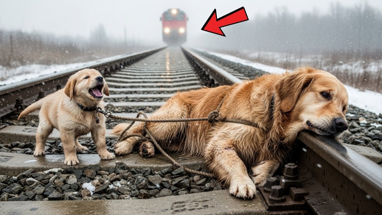 Golden mom and her pup tied to frozen train tracks — a retired teacher stopped in time