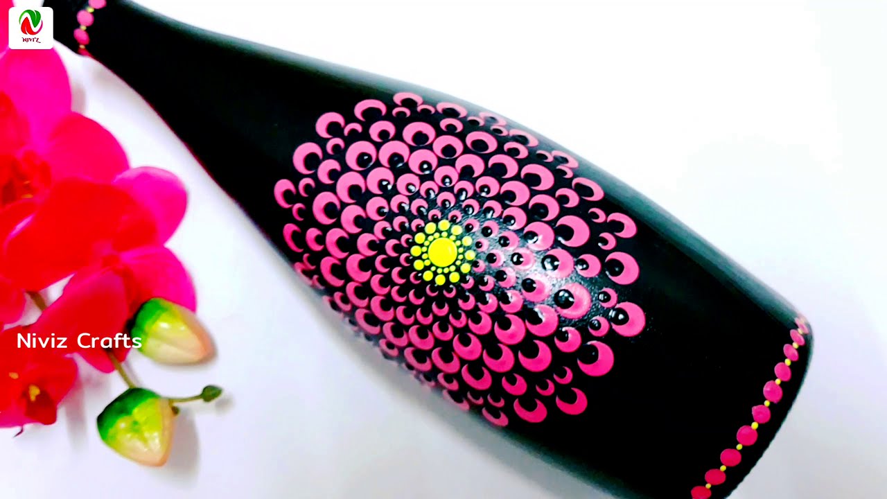 Easy Dot Mandala Bottle Painting Using ONLY Qtip & Pencil | Dot Mandala Bottle Art | Niviz Ep 112