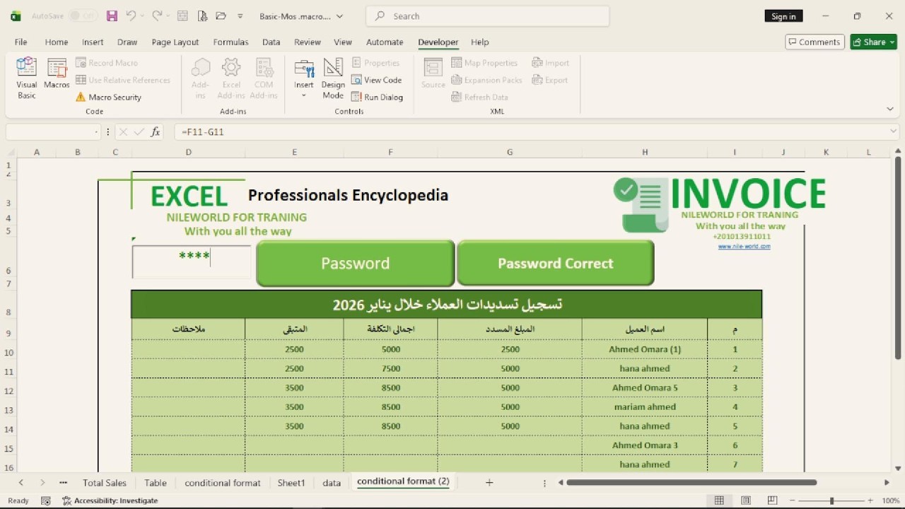 حماية بيانات الإكسيل بكلمة سر احترافية باستخدام الـ TextBox والتنسيق الشرطي 2026.