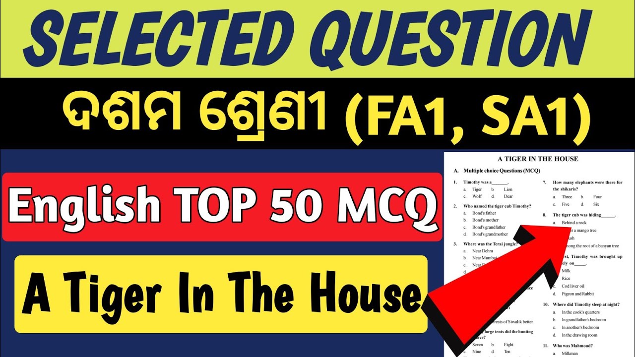 A Tiger In The House Short Questions MCQ | 10th class english important fa1 sa1 question  2022
