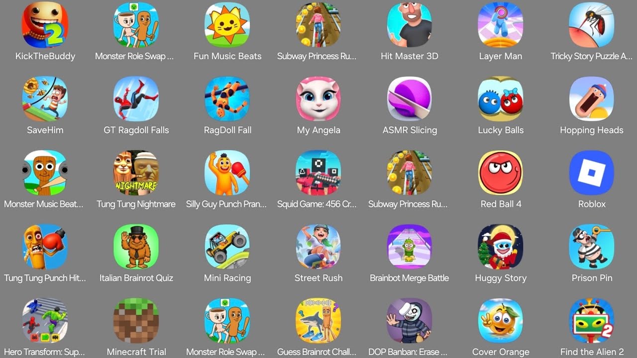 Roblox,Squid Game Family,Grimace Monster,Poppy Playtime 4,Evil Cappuccino Assassino,Stumble Guys....