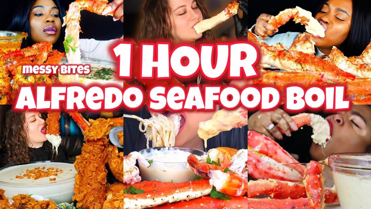 Seafood boil DRENCHED in Alfredo Sauce (BIGBITES)🦀🦐🌽🥔🧀  Binge session