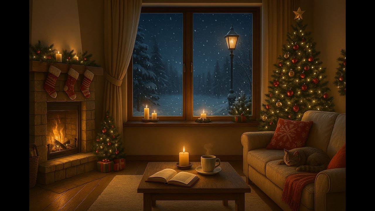 Relax in a Cozy Christmas Room 🎄Relaxing Crackling Fireplace, Snowing Outside & Sleepy Cat |