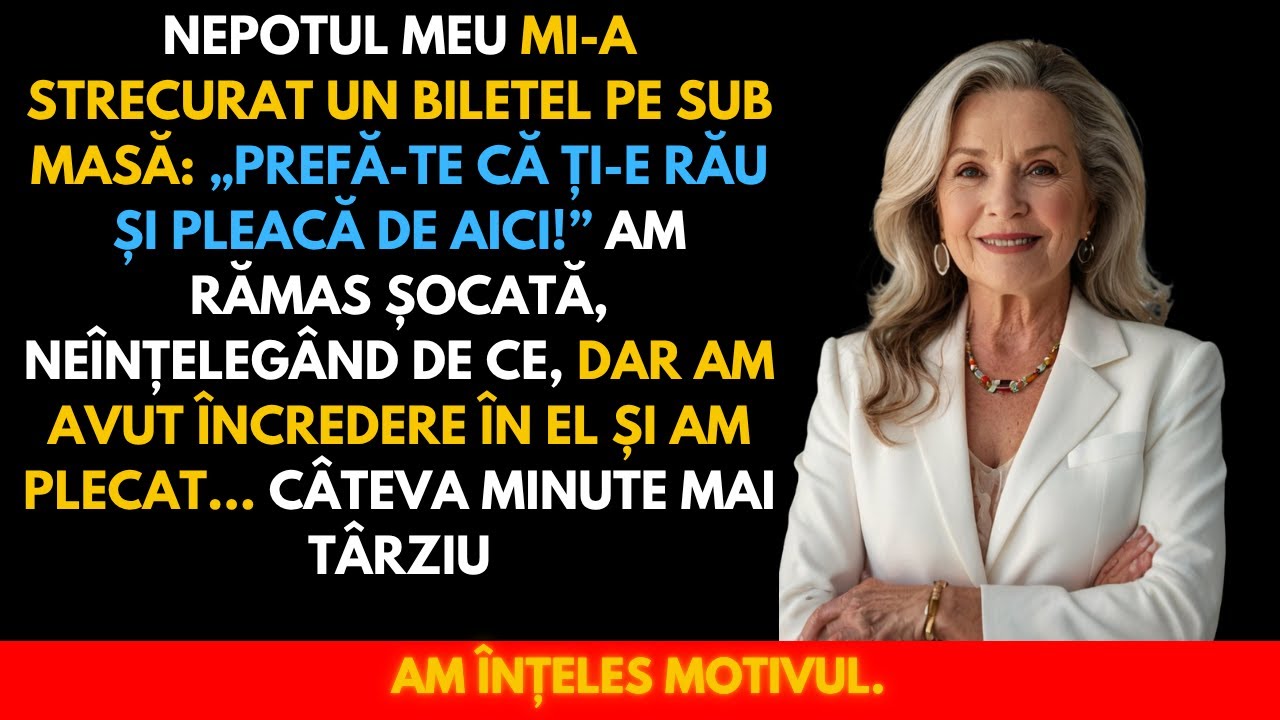 La cină, nepotul meu mi-a șoptit: „Prefă-te că ți-e rău și pleacă. Acum.” Nu-mi venea să cred.