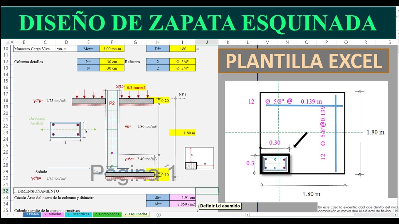 Diseño de ZAPATA ESQUINADA  concreto II (plantilla excel)
