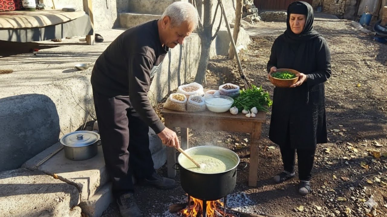  Grandpa & Grandma’s Cozy Winter Village Morning | Black Olive & Yogurt Soup (Ash Doogh)🌿🔥🍵🥄