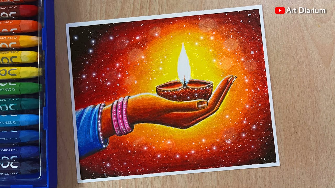 Diwali Drawing with Oil Pastels for beginners /Indian festival poster making / Diwali Scene