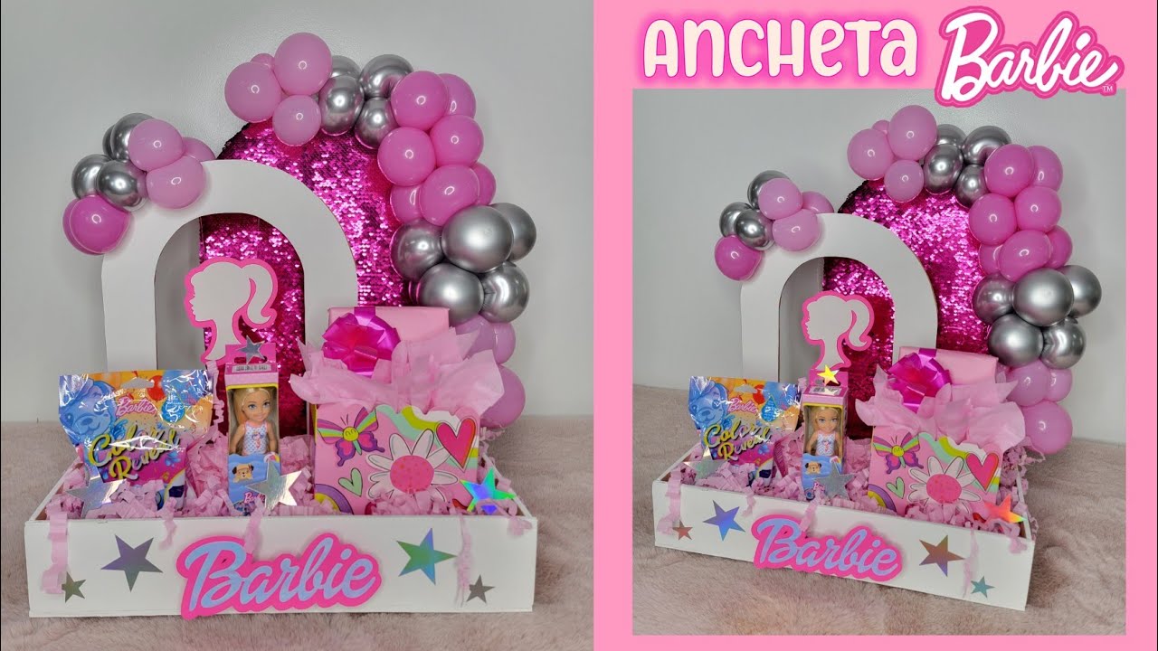Hermosa ancheta con tema de la Barbie/ desayuno sorpresa/ arrego con globos/ regalo personalizado