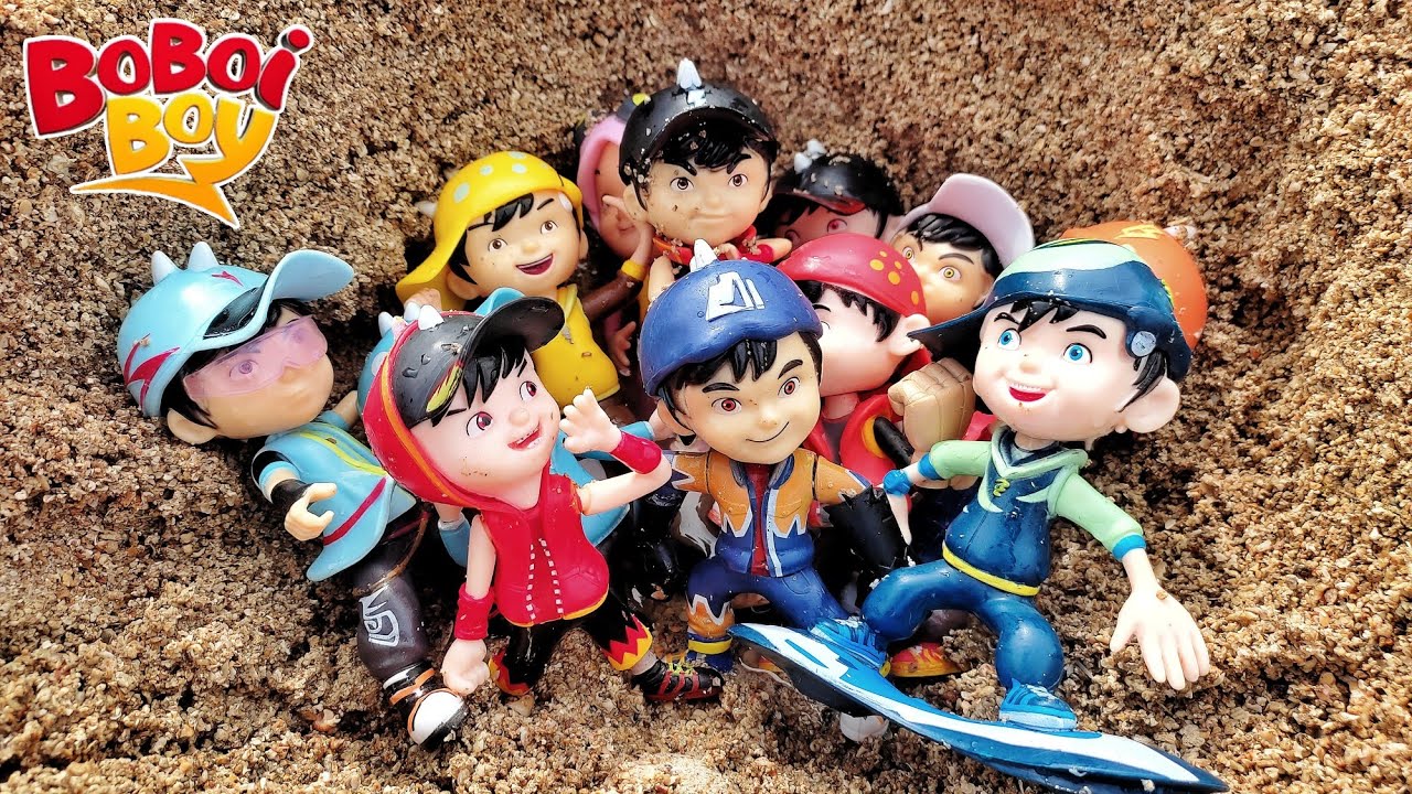 menemukan harta karun boboiboy di pantai, boboiboy api, taufan, gempa, supra, angin, tanah, air