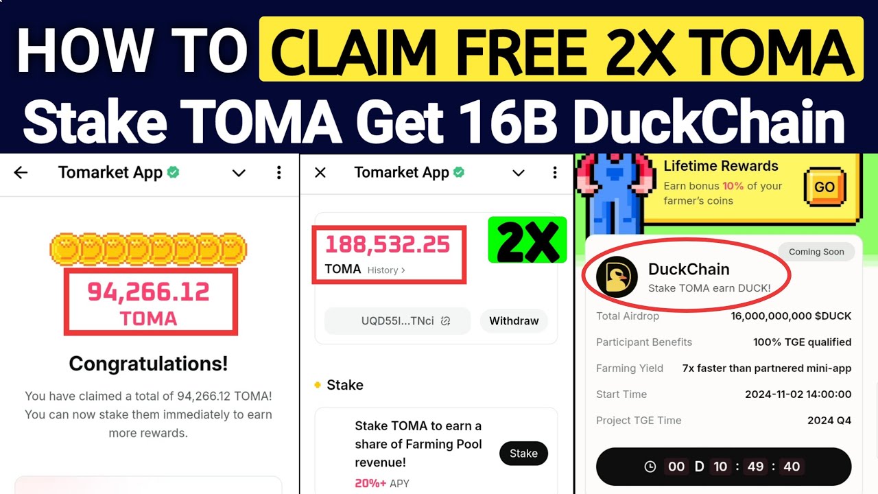 Tomarket Claim Free 2X TOMA! | Stake Toma & Earn 16 Billion DuckChain Coin | Tomarket Airdrop Update