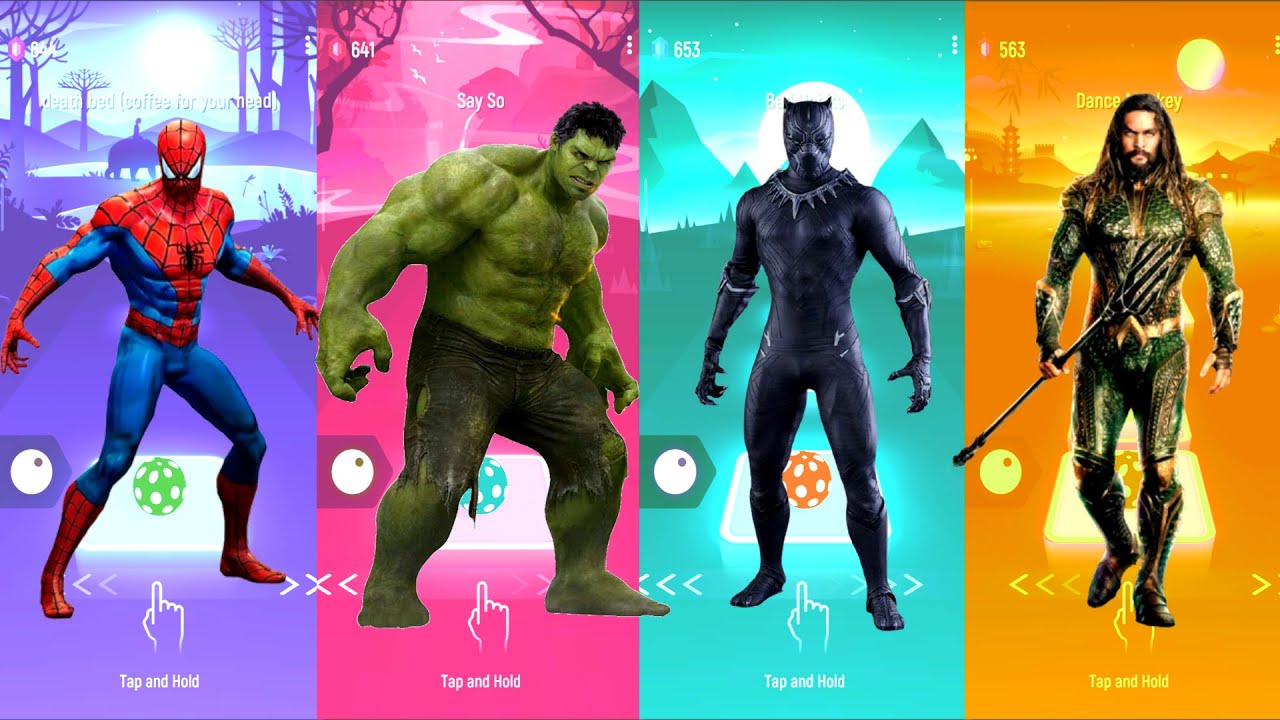Spiderman 🆚 Hulk 🆚 Black Panther 🆚 Aquaman | Marvel Heroes | Tiles Hop Fun Ball
