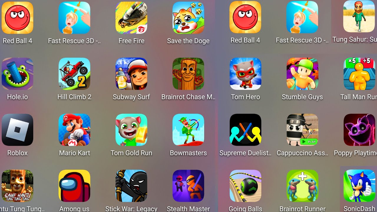 Bowmasters,StickWar Legacy,Hantu Tung Tung,Brainrot Chase Monster,Free Fire,Hole.io,Save The Doge...