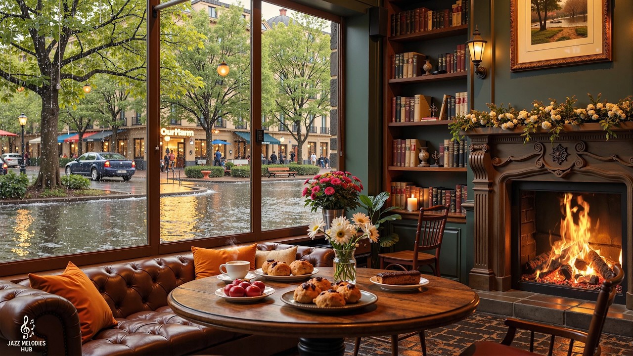 Warm Fireplace Jazz at a Rainy Café☕Soft Jazz Piano, Fireplace Glow & Cozy Coffee Time by the Window