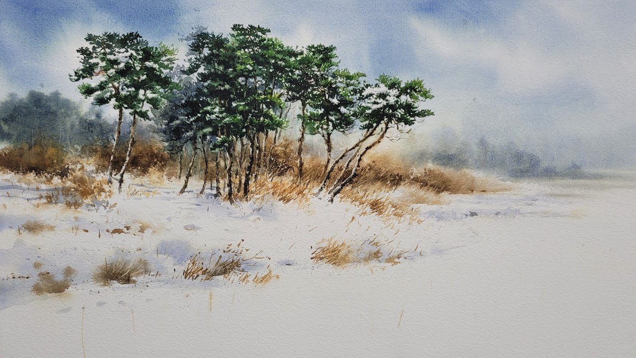 눈쌓인 소나무 언덕 [ 겨울 풍경 수채화/Winter Landscape Watercolor ] 눈쌓인 장동리 소나무 언덕, 부안집