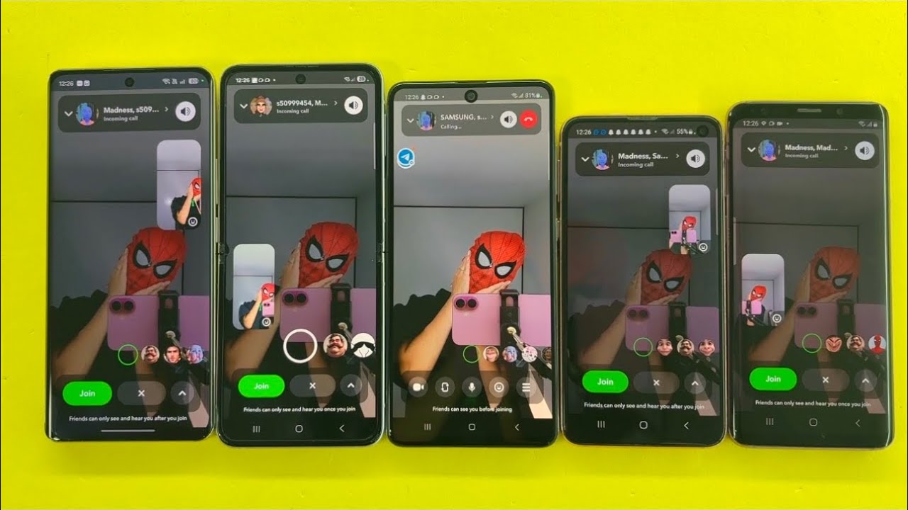 Incoming Group Call Google Meet Vs SnapChat Samsung Z Flip 3, Galaxy A52, S10e, S9, Realme 12 Pro 