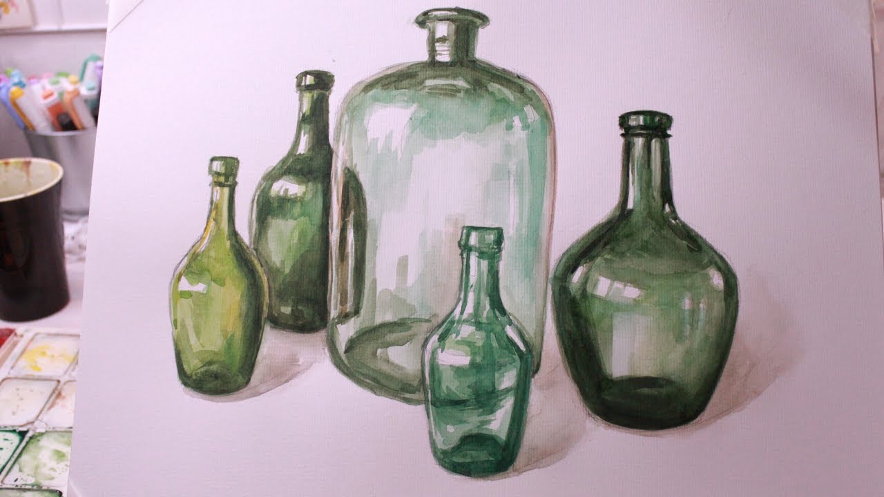 Зелёные бутылки акварелью / Speed Paint
