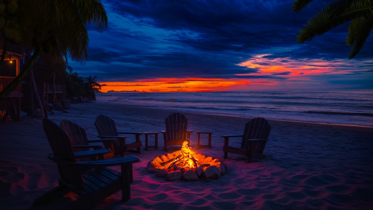 Peaceful Beach Sunset 🌅 with a Warm Campfire & Gentle Waves for Relaxation and Deep Sleep Fast