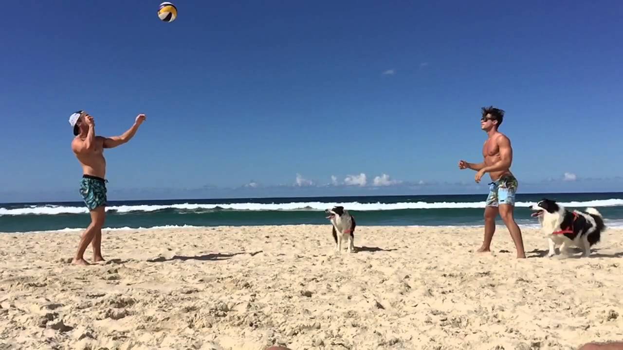 Hot guys playing beach volleyball in slow mo