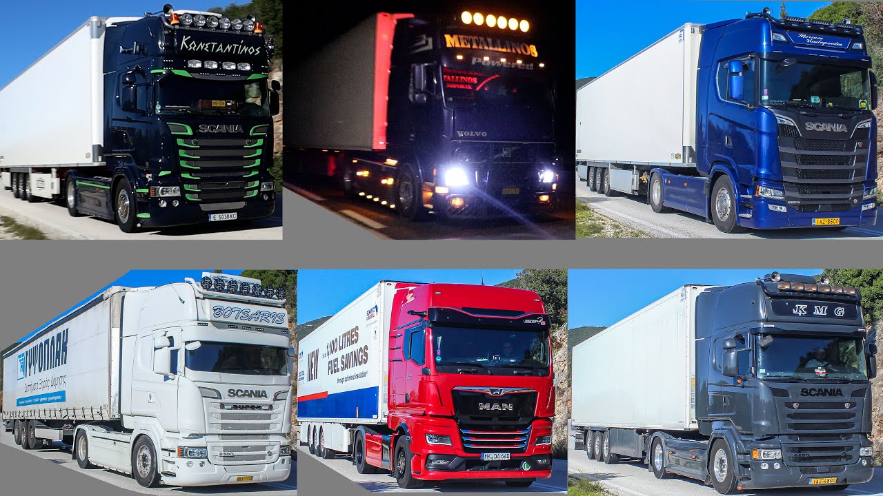 TRUCK SPOTTING IN GREECE #2 |-| DAY & NIGHT |-| SCANIA VOLVO DAF MAN MERCEDES TRUCKS FLYING BY