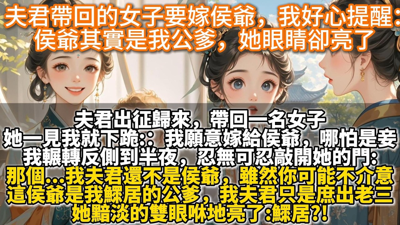完結爽文：夫君帶回的女子要嫁侯爺，我好心提醒：侯爺是我公爹不是我夫君，她眼睛亮了。我這人特較真兒。夫君出征歸來，帶回一名女子。她一見我就下跪:我願意嫁給侯爺，哪怕是妾。我：那個...我夫君還不是侯爺。