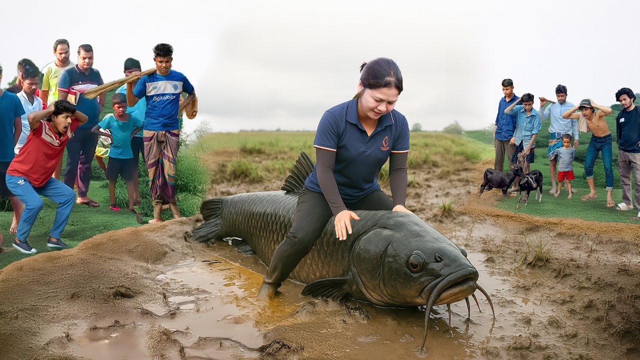 Brave Female Hunter Catch Giant Black Fish with bare hands to sell | Country cooking recipes