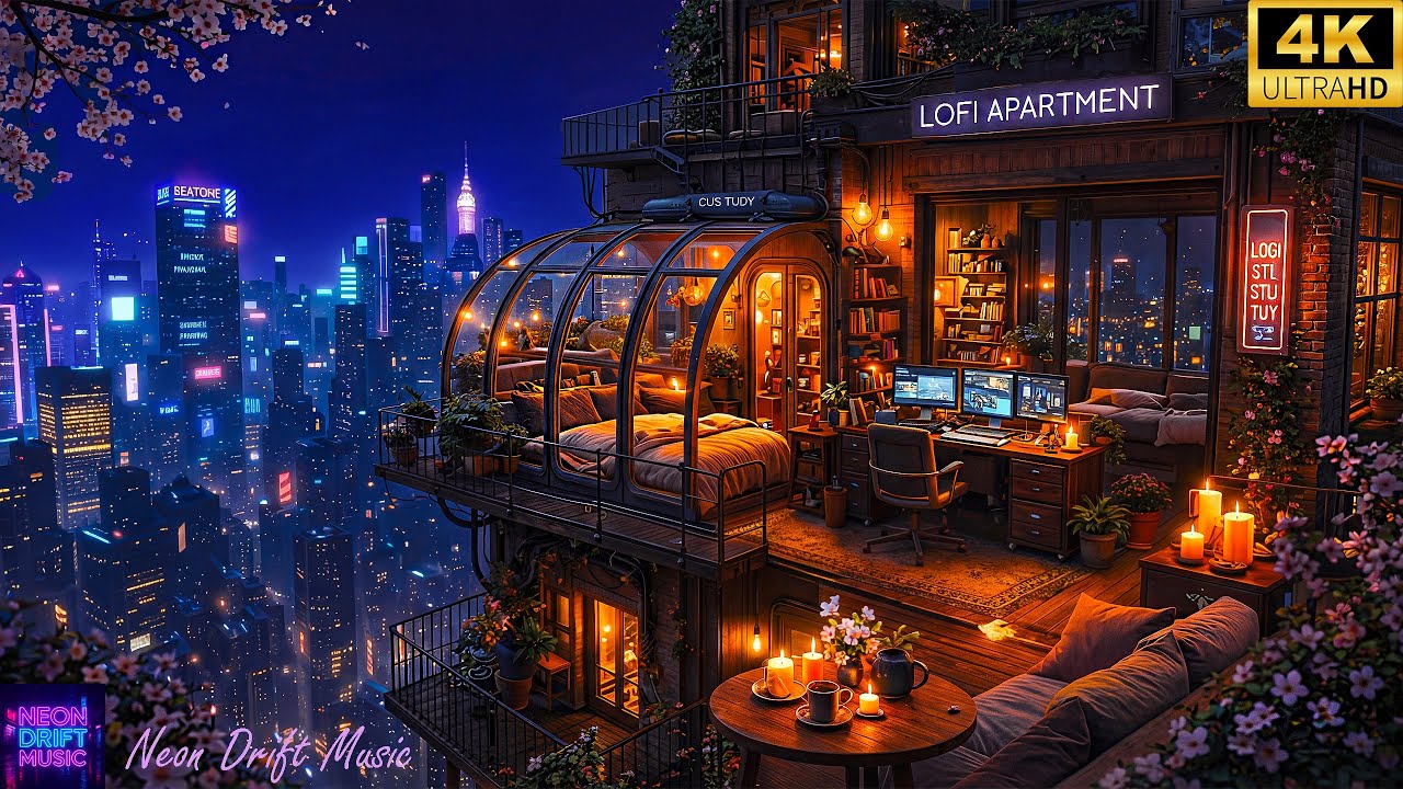 Cozy Cyberpunk Balcony Night 🌧️ Lofi Beats & Rain Sounds For Relax, Study, Focus All Night | 4K Calm