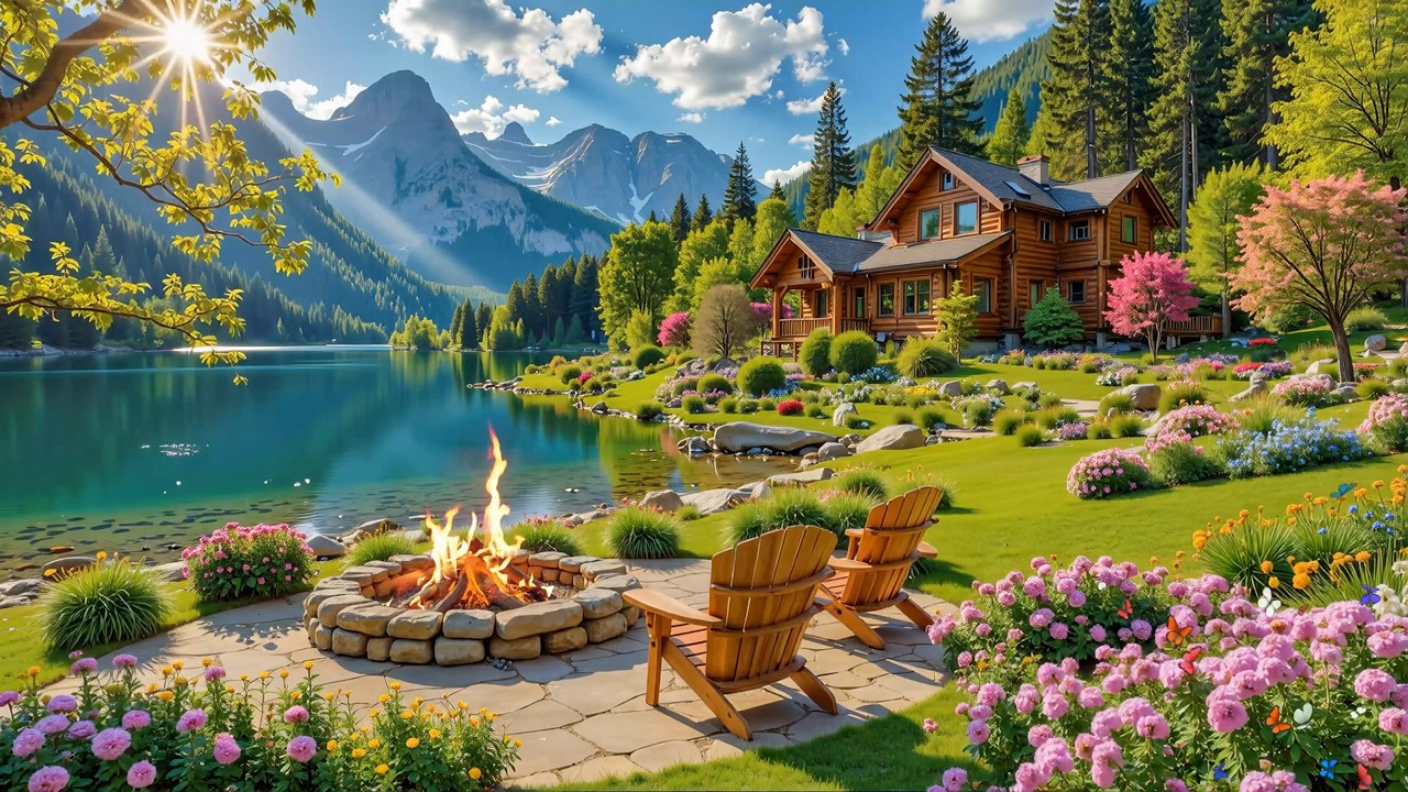 Relaxing Piano Music for Studying 🌿🌸Spring Morning at a Lakeside Cabin & Campfire