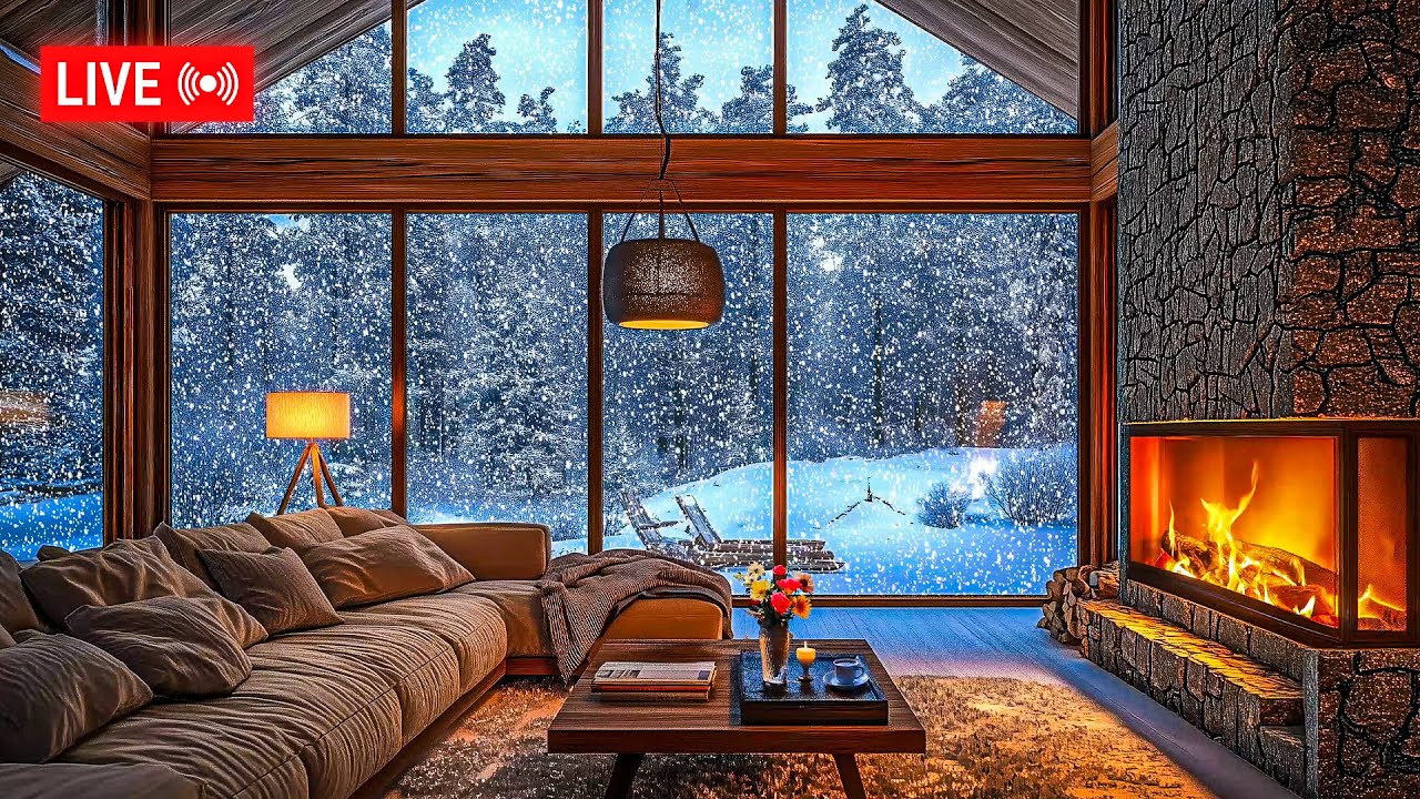 Cozy Winter Cabin with Fireplace & Snowfall | Relaxing 4K Ambience