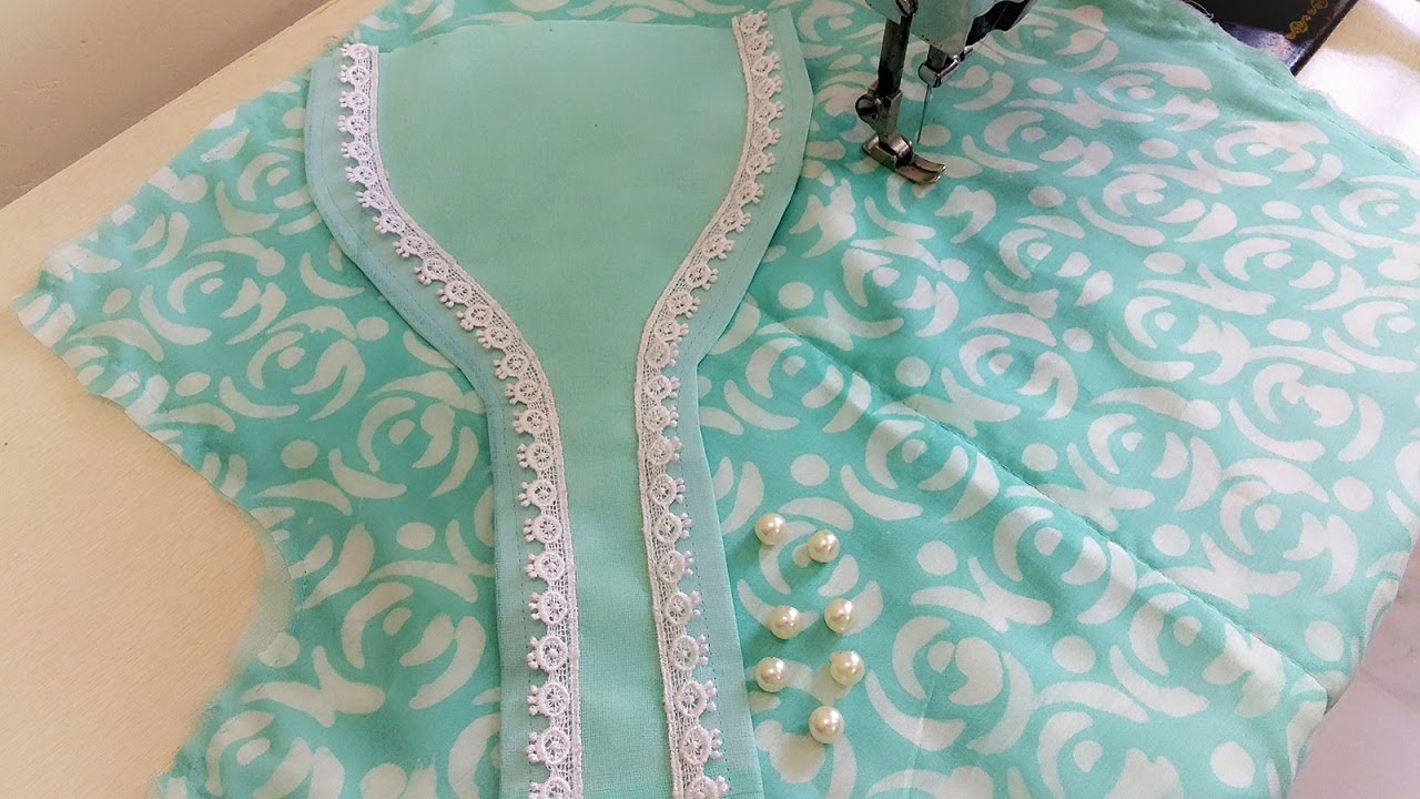 Trendy V Shape Neck Design with Lace & Pearls | Latest Neck Design cutting and stitching with Lace
