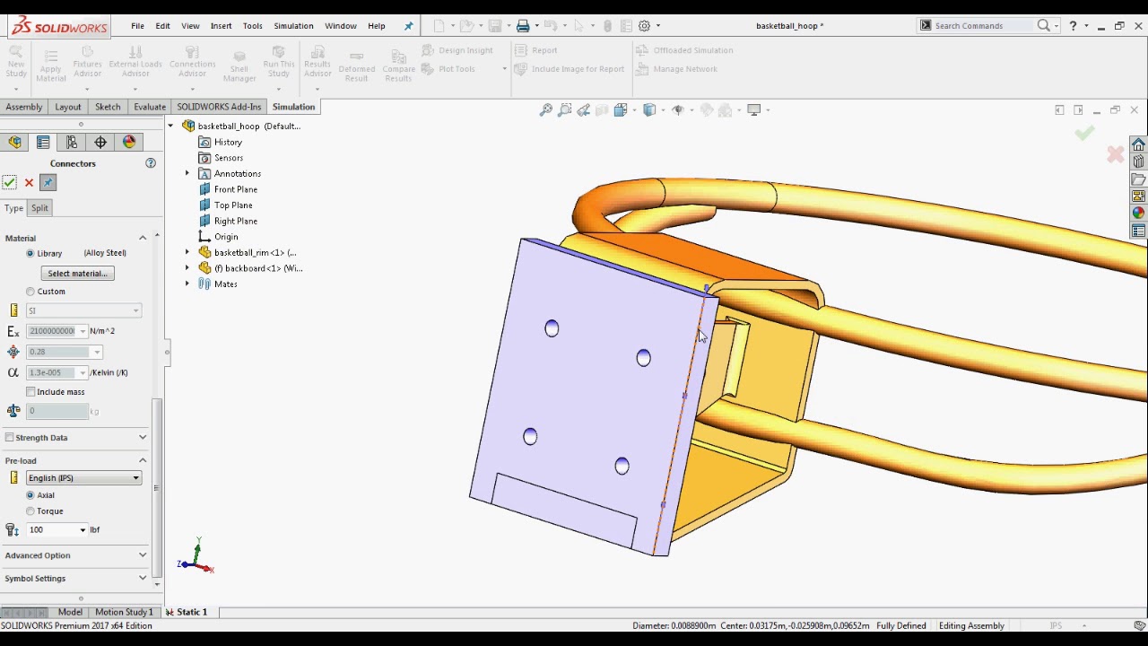 Solidworks Simulation - Analysis of a Basketball Assembly With Bolts