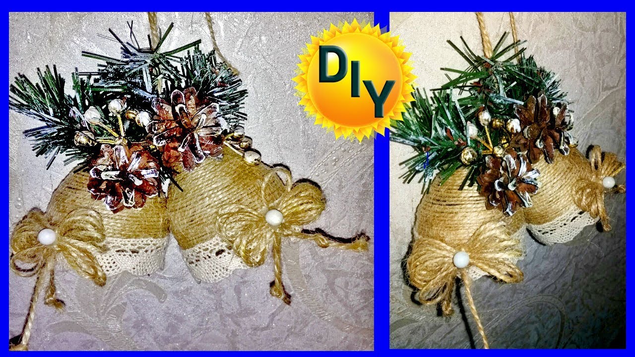 Новогодние колокольчики из джута, шишек и бутылок.