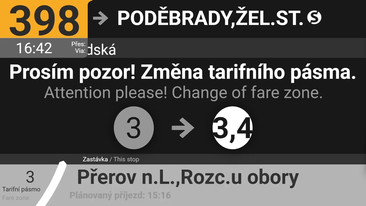 Hlášení linky 398 z Černého Mostu do Poděbrad