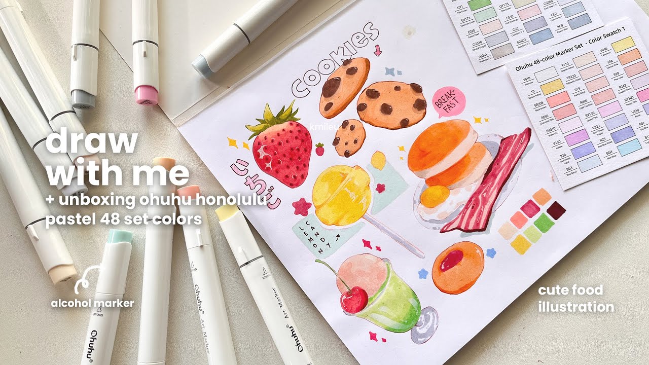 .✦ draw with me • unboxing Ohuhu honolulu pastel 48 set | cute food illustration ✦.