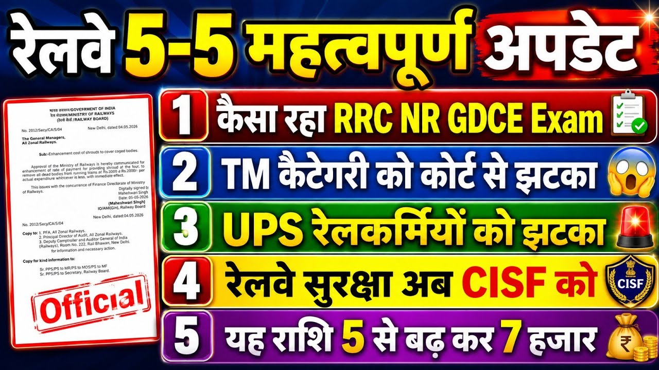 रेलवे 5-5 महत्वपूर्ण अपडेट🔥 | कैसा रहा RRC NR GDCE EXAM | TM साथियों को झटका😱|रेलवे सुरक्षा अब CISF 