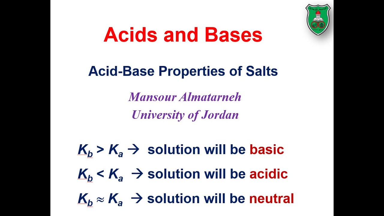 Acids and Bases: Acid-Base Properties of Slats - أملاح الاحماض والقواعد (Lecture 5)