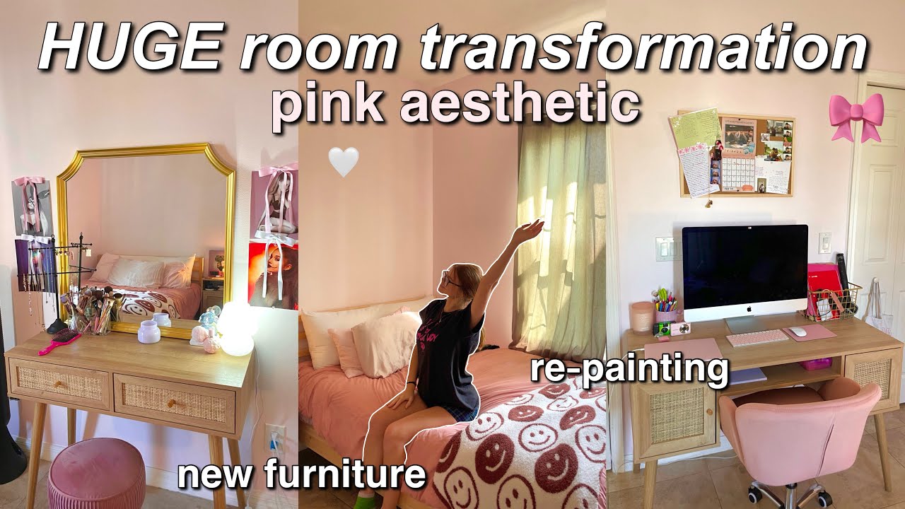 HUGE ROOM TRANSFORMATION 🎀🤍 *pink aesthetic* all new furniture, room tour, repainting, decor haul!