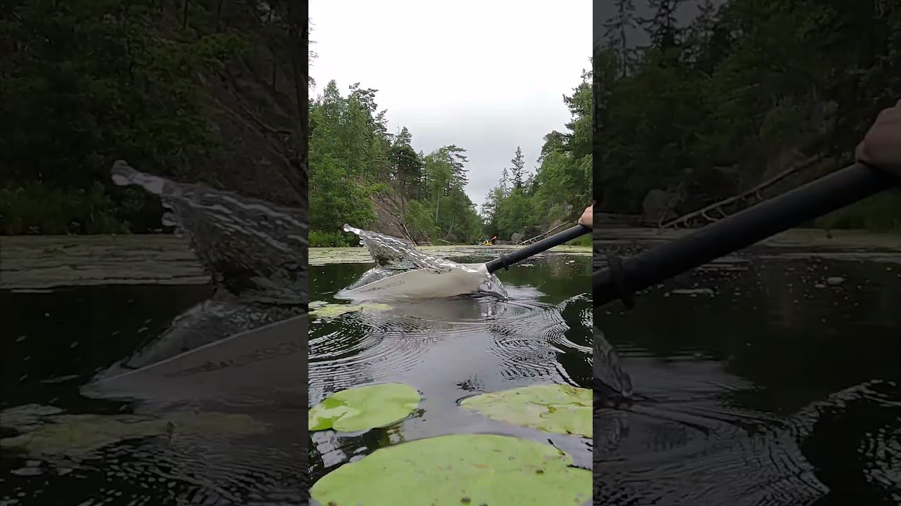 River kayaking trip from the perspective of the paddle - left side (inflatable kayak on &Auml;lta&aring;n)
