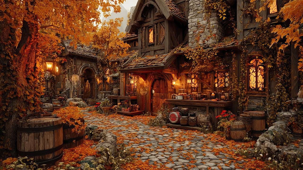 Cozy Medieval Tavern Courtyard in Autumn | Medieval Soundscapes for Relax, Meditation