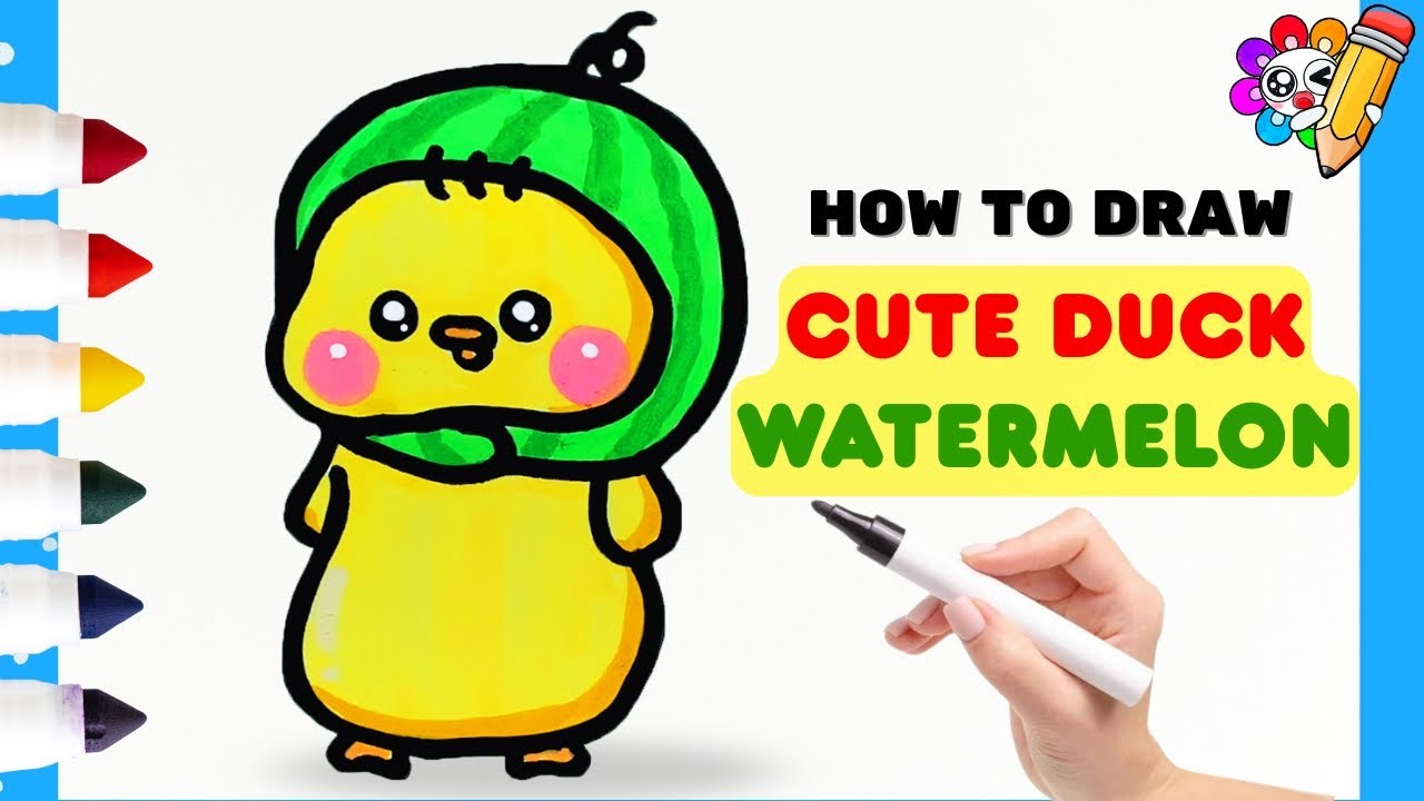 How to Draw a Cute Duck in a Watermelon Costume 🍉💥  Easy Drawing for Kids