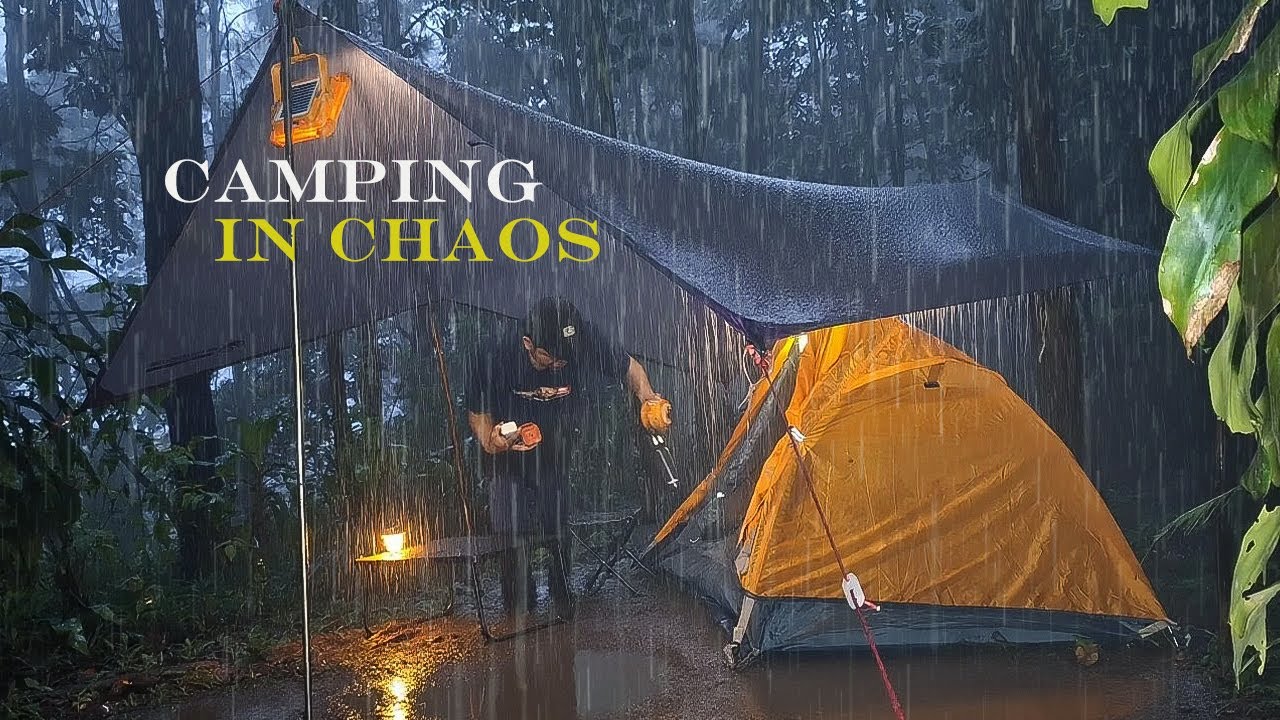 SURVIVING A NIGHT OF EXTREME RAIN IN THE FOREST | Cinematic Camping in Heavy Storm