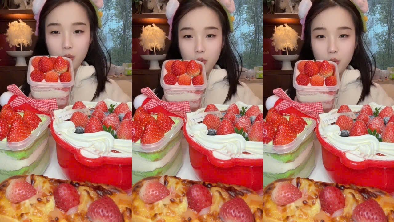 Eating Strawberry Cream Cake, Daily Mukbang Dessert Eating