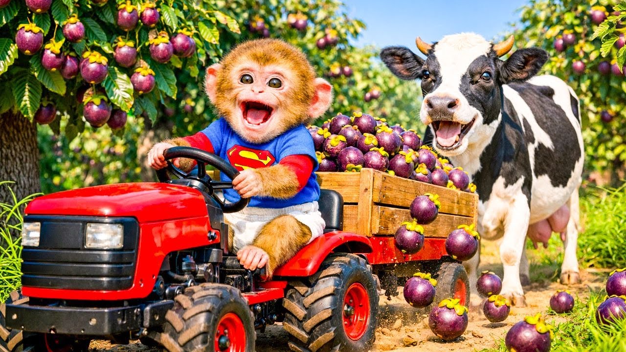 Mangosteen Harvest with Baby Monkey and Dairy Cow.! - Monkey Farm Work | DiDi Monkey Life